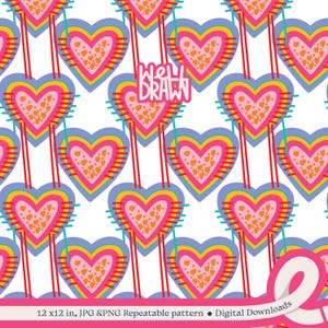 May include: A repeating pattern of colorful hearts on a white background. Each heart is layered with pink, yellow, and blue, and filled with small orange hearts. The design includes the text "WELL DRAWN".