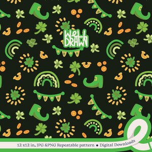 May include: A seamless pattern featuring green shamrocks, gold coins, rainbows, leprechaun hats, and green shoes on a black background. The text "Well Drawn" is included in the pattern.