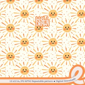 May include: A seamless pattern featuring a repeating design of yellow suns with orange rays and smiling faces on a white background with small orange dots.