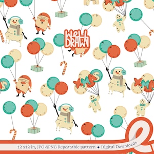 Festliches Weihnachts-nahtloses Muster - spielerische Weihnachtsmann-, Schneemann-, Ballon- und Feiertagselemente für Handwerk, Sublimation und kreative Projekte