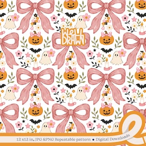 Coquette Halloween Seamless Pattern | Pink Bows, Ghosts, Pumpkins (Digital Download)