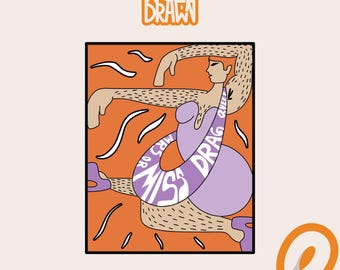 Puede incluir: Una ilustración digital de una persona con un vestido morado con el texto "Miss Drag Queen" en una banda. La persona está en una pose con un brazo levantado y el otro brazo extendido hacia un lado. El fondo es naranja con líneas blancas.