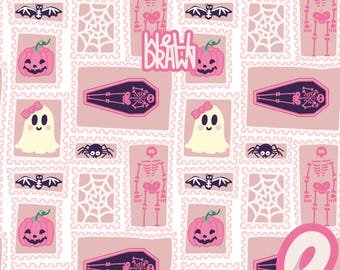 Pastel Halloween Seamless Pattern: Ghost, Pumpkin, Skeleton (Digital Download)