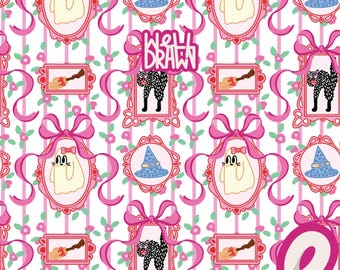 Coquette Halloween Seamless Pattern: Ghost, Witch Hat, Pink Bow (PNG JPG Digital Download