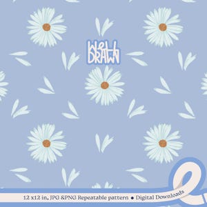 Seamless White Daisy Spring Summer Pattern on Blue, Digital Download for Sublimation, Fabric Printing, Surface Design, Scrapbooking, & Craft
