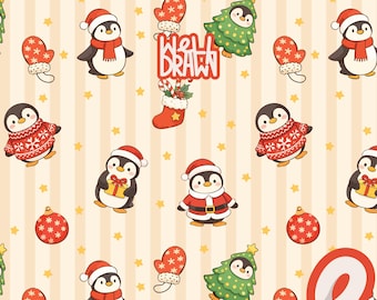 Festive Penguin Christmas Seamless Pattern | Hand-Drawn Holiday Design (Digital Download)