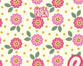 Smiley Flower Seamless Pattern: Pink Daisies, Polka Dots (Digital Download)