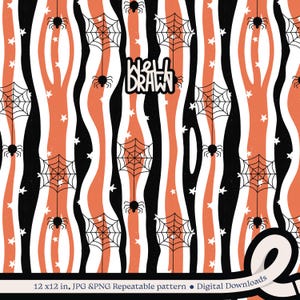 May include: Halloween-themed digital pattern with a repeating design of black spiders, spiderwebs, and white stars against a backdrop of wavy orange, black, and white stripes. The text "WELL DRAWN" is in a white outlined black box.