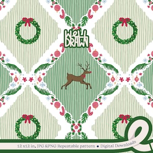 Christmas Reindeer and Wreath Seamless Pattern - Festive Holiday Digital Design for Sublimation, Crafts, Paper, Fabric | JPG & PNG Download