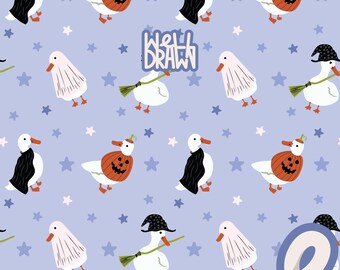 Silly Goose Halloween Seamless Pattern: Duck Witch & Ghost Design (PNG JPG)