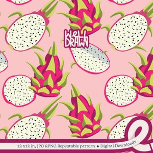 Drachenfrucht nahtlose Muster | Tropisches Frucht Oberflächendesign | PNG JPG Digitales Papier | Sublimation & Druck | Pinker exotischer Druck
