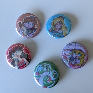 Nintendo princess buttons - Peach, Daisy, Pauline, Rosalina & Yoshi