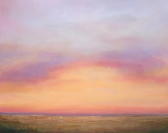 Original Pink Sunset Painting, Warm Meadow Landscape, 8x10 Wooden Panel