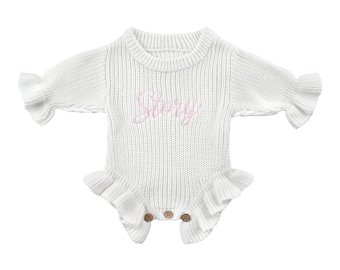 Personalized Knit Baby Romper: Ruffle Bodysuit, Custom Embroidery