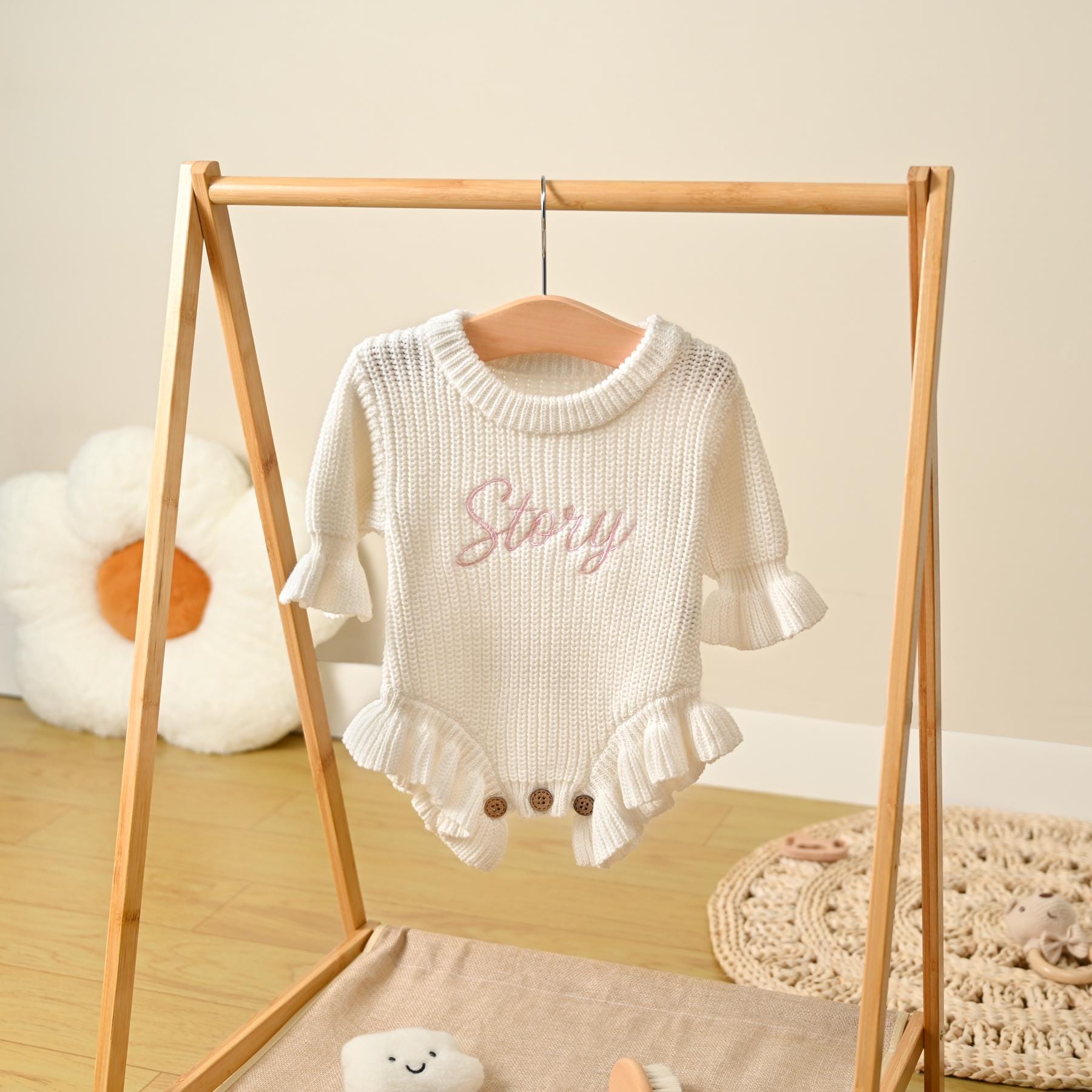 Personalized Knit Baby Romper: Ruffle Newborn Outfit, Custom Name Bodysuit  Newborn Gift
