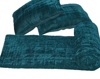 Edredón de terciopelo verde azulado: ropa de cama forrada de algodón y cosida a mano. Mantas de regalo de Año Nuevo.