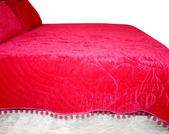 Trapunta in velluto fucsia: copriletto con pon pon, morbida coperta per la biancheria da letto, regalo per la festa del papà.