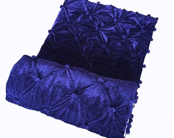 Royal Blue Velvet Quilt: Hand Stitched Cotton Bedding with Pompoms New year's gift blankets