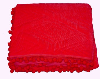 Trapunta in velluto fucsia con pon-pon - Coperta in cotone accogliente, regalo per la festa del papà