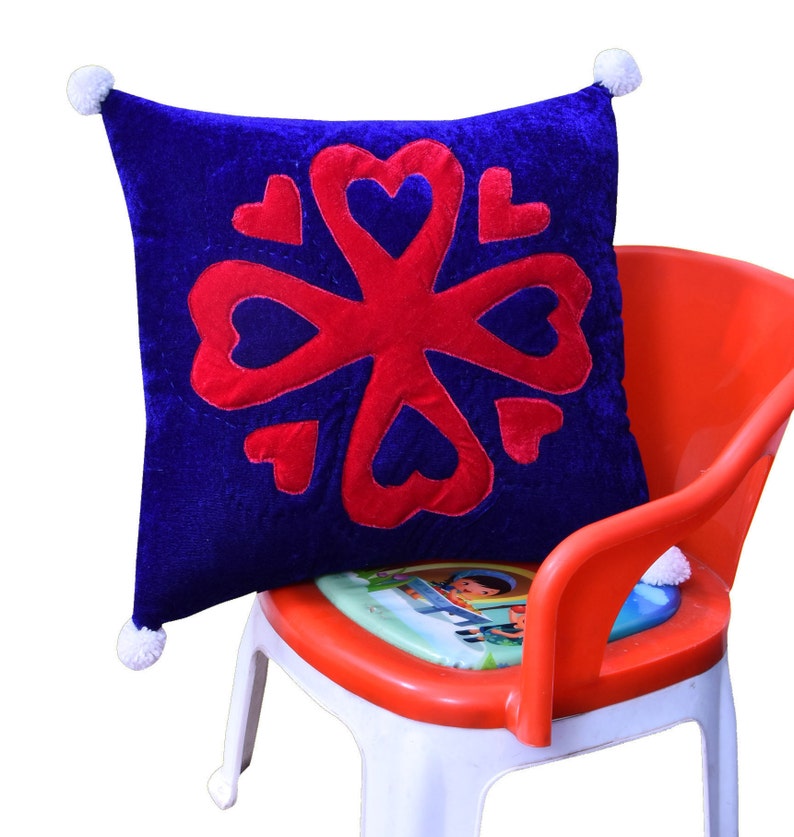 Velvet Throw pillow Pillow Cover Size 16x16 Royal blue Fuchsia and Ivory hand stitching throw pillow heart throw pillow pillow case