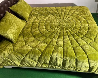 Hand Stitched Olive Green Velvet Quilt: King/Queen Bedding Set blankets mother's day gift