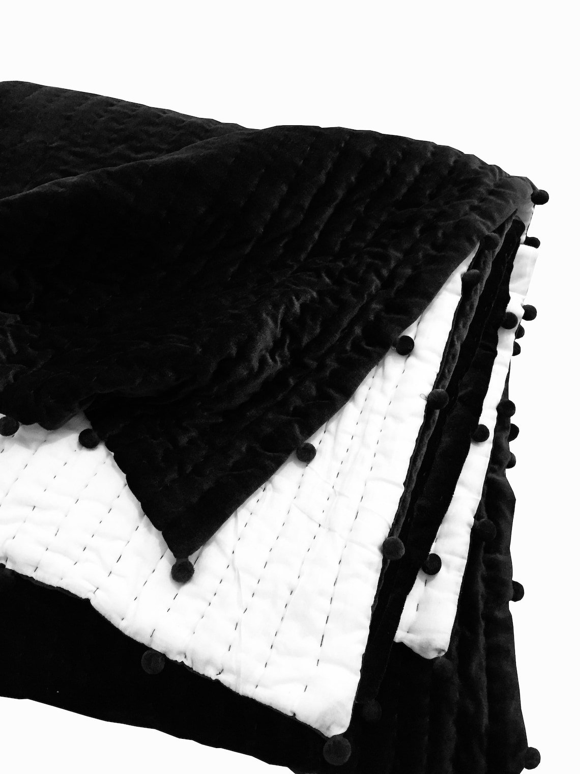 Black Velvet Comforter Black Luxury Quilt Pompom Black Queen Etsy UK