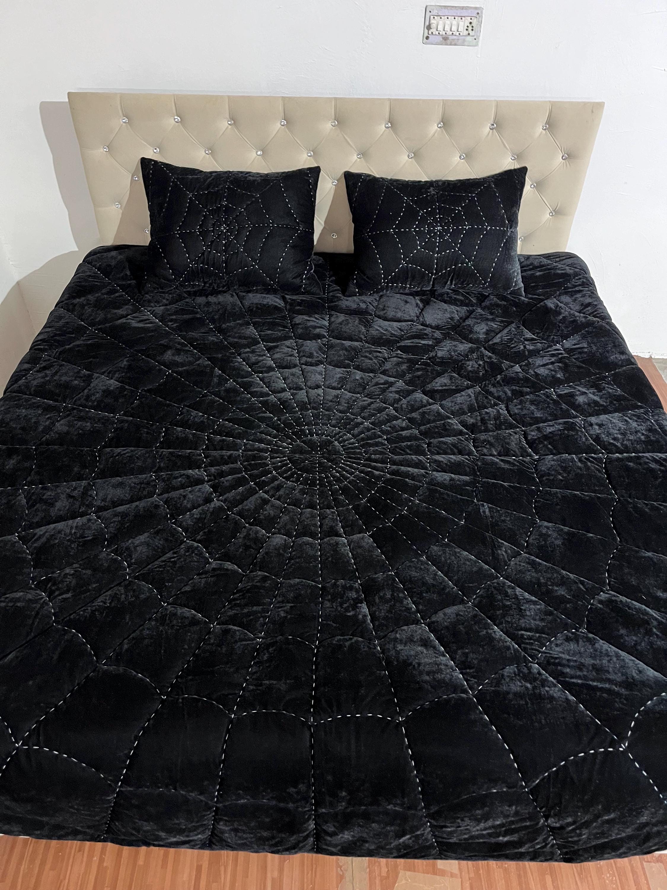Black Velvet Spider Quilt: Handmade Gothic Bedding With