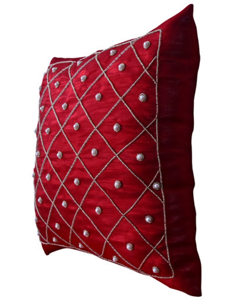 Throw Pillow Silk Pillow Deep Red Silk Beaded Pillow Throw Etsy