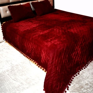 Deep Red Velvet Quilt: King/Queen Bedding Set with Pompoms