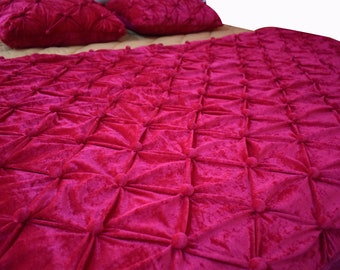 Trapunta in velluto fucsia: copriletto cucito a mano, coperta accogliente per la camera da letto, regalo per la festa del papà.