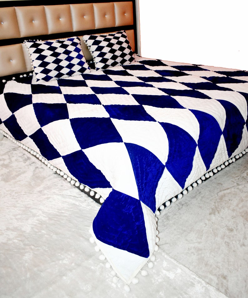 Royal Blue Velvet Quilt: Diamond Pattern Bedding Setnew Year's Gift ...