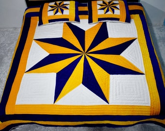 Handmade Lone Star Quilt: Yellow, White & Blue Patchwork Bedspread  blankets Halloween Gifts