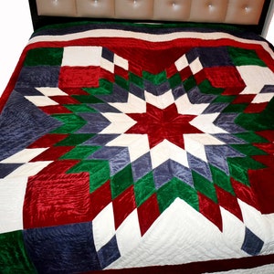 Lone Star Velvet Quilt: Queen Size Amish Patchwork Bedspread