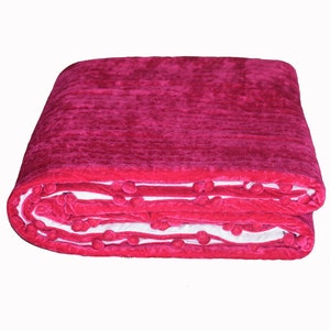 Fuchsia Velvet Quilt: Queen/King Bedding Set with PomPoms