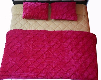 Fuchsia Velvet Quilt: Hand-Stitched Bedspread, Luxury Bedding blankets Father's Day gift