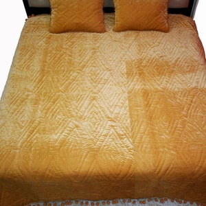 Gold Velvet Quilt: Handmade Cotton Bedding Set with Pompoms
