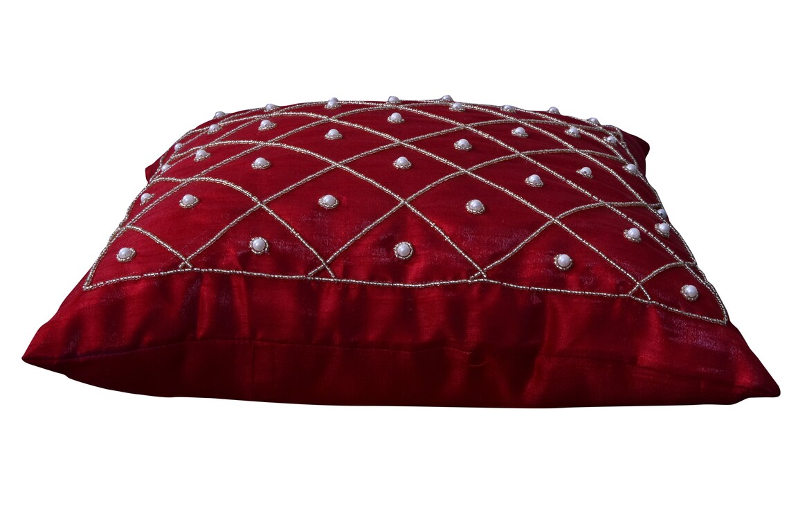 Throw Pillow Silk Pillow Deep Red Silk Beaded Pillow Throw Etsy