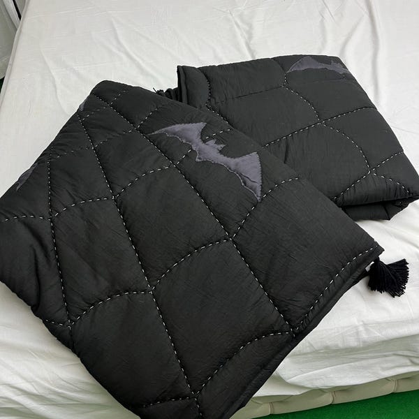 Black Cotton Quilt with Grey Bat: Hand-Stitched Bedding Set with Tassels mother's day gift