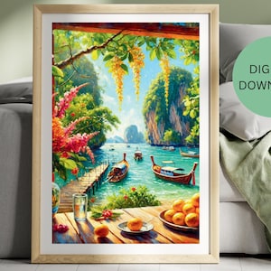 Seaside Thailand Digital Download Art Print - Tropical Beach Wall Decor, Vacation Seascape, Longtail Boat Nature Travel poster
