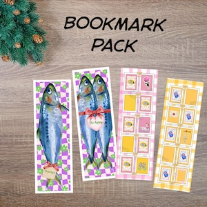 May include: A pack of decorative bookmarks with various designs. One bookmark features a watercolor fish, another has two fish with a bow, and two others have stamp-like designs. The text "BOOKMARK PACK" is at the top.