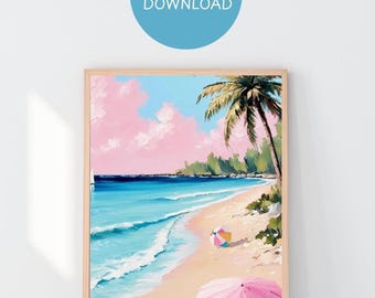 Affiche rose côtière à télécharger, impression d'art rétro sur le thème de la plage