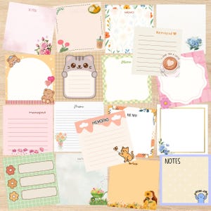 May include: A selection of decorative memo pads with diverse designs. Some pads feature floral and animal illustrations, while others have lined pages. The colour palette includes pastels like pink, yellow, and green, with text such as "Notes" and "Memo" on some.