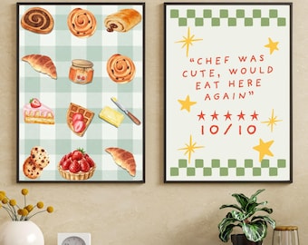Bakery Wall Art Print, Croissant Pastry Illustration Digital Download, Kitchen Decor Cafe Art Gift
