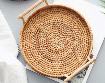 Tea Party Farmhouse Rattan Woven Rectangle Tray 12x17 Kitchen Counter Bar Serving Platter Wicker Serving Tray w Handles | Coffee Table