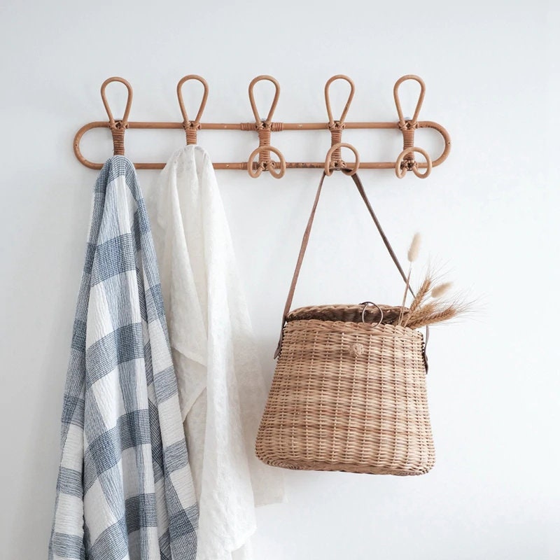 Rattan Hanging Wall Hooks Shelf Coat Rack Bathroom Towel Etsy