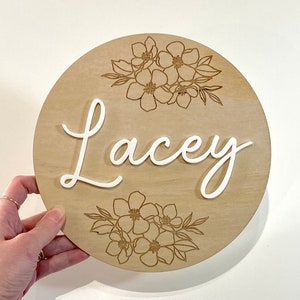 Wood Name Sign Plaque | Floral Door Sign Personalised | Flower Wall Plaque | Kids Door Sign