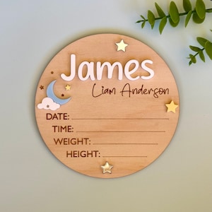 Birth Announcement Plaque Stars | Personalised Baby Announcement Sign Moon | Wooden Sign | New Baby