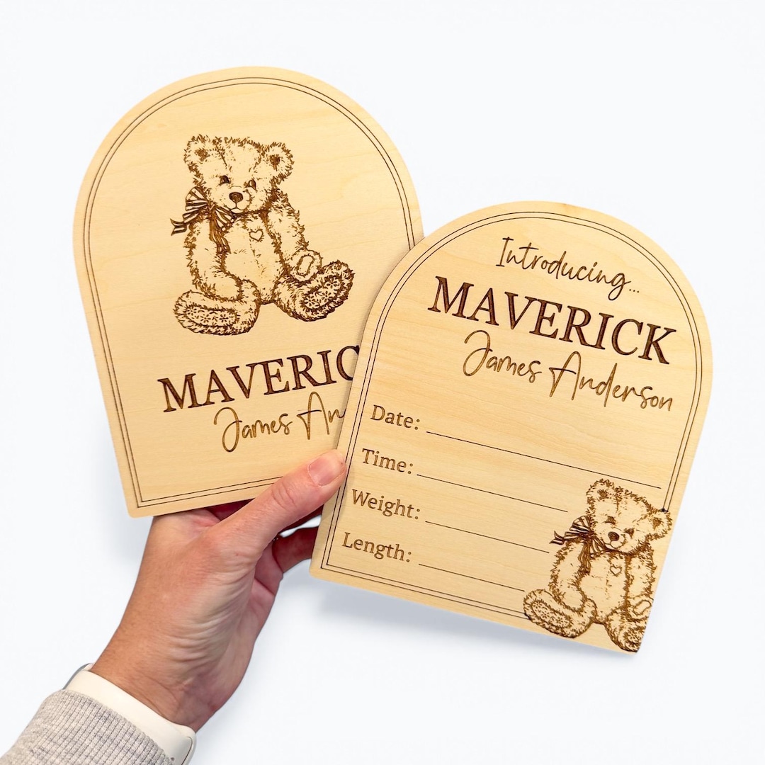 Personalised Wooden Birth Announcement Plaque | Engraved Bear Baby Sign ...
