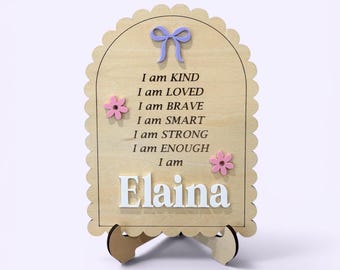 Personalised Kids Affirmation Sign | Bow with Flowers | Wooden Acrylic Sign | Custom Name Sign