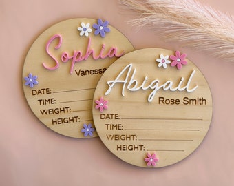 Birth Announcement Plaque Flowers | Personalised Baby Announcement Sign | Wooden Sign | New Baby